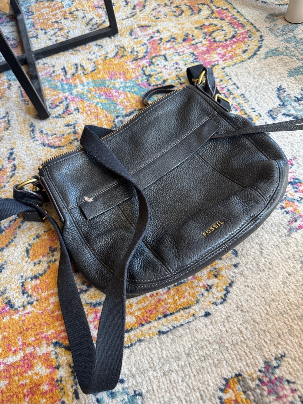 Fossil Black Pebbled Leather Crossbody with Gold Hardware